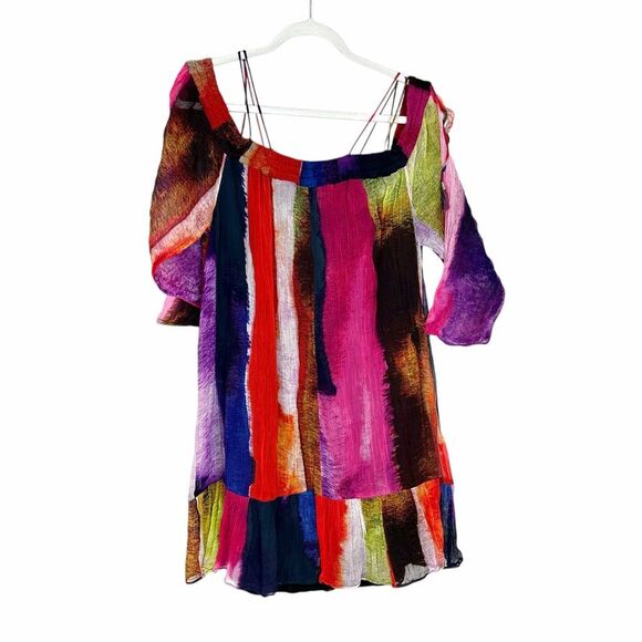 Anthropologie Floreat Dress Large Green Red Blue Watercolor Off Shoulder Flowy - Picture 13 of 16